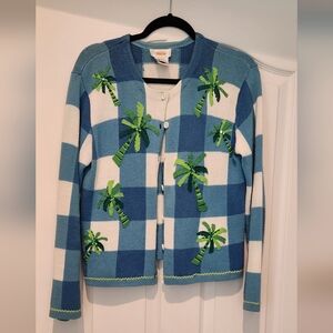 Talbots Blue and White Cardigan with Palm Tree Accents